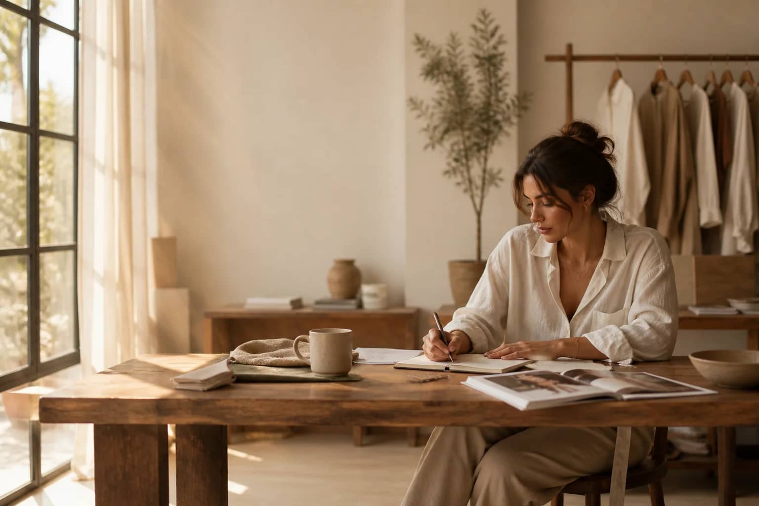 Mujer escribiendo en escritorio de madera, atelier cálido